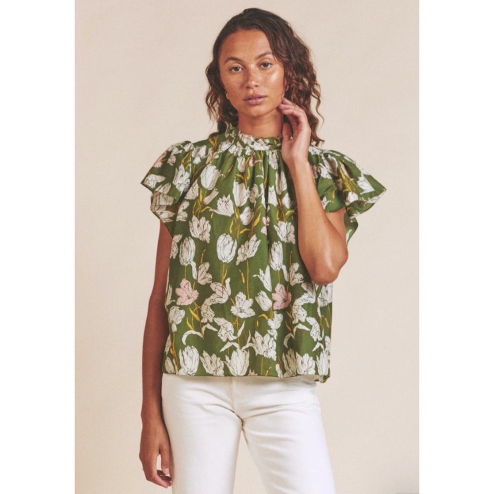 Trovata Birds of Paradis Carla Blouse Womens Small Green Morning Tulip Silk Top